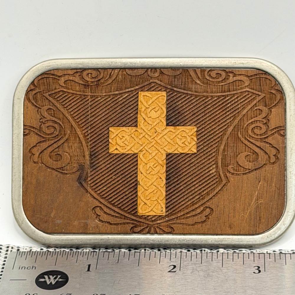 Buckle-Down Belt Buckle Celtic Knot Cross Wood Inlay Silver Tone Metal Rectangle